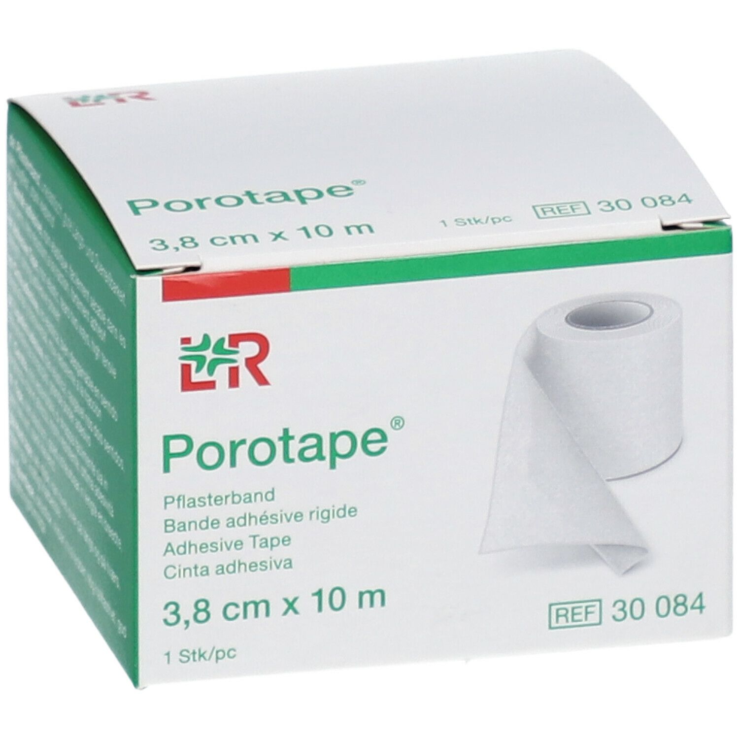 Boîte de Porotape® avec rouleau. Dimensions : 3,8 cm x 10 m. Inscriptions : marque, nom du produit, dimensions, REF 30 084.