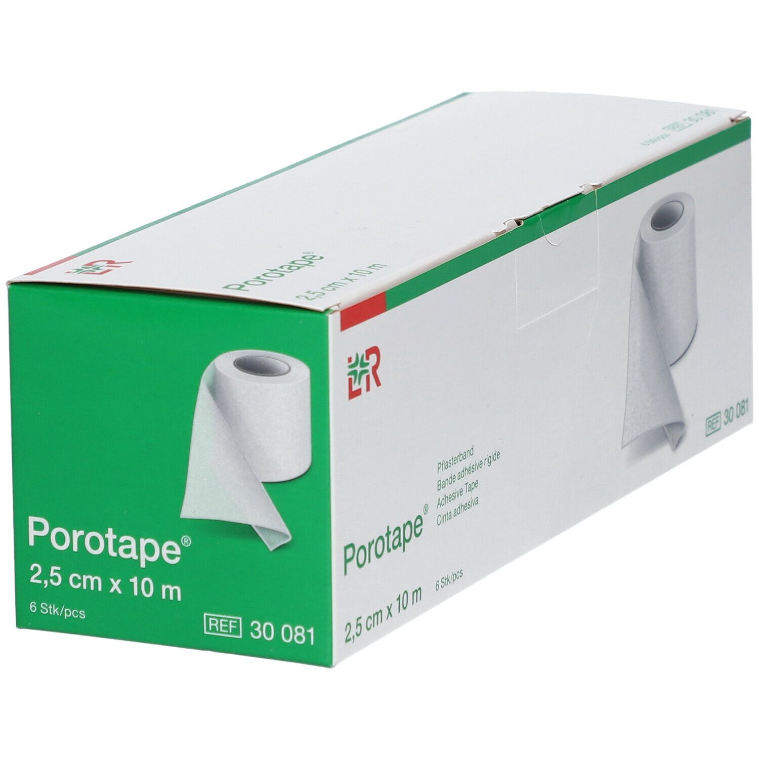 Emballage de ruban adhésif Porotape®. 2,5 cm x 10 m. Rouleau de ruban adhésif blanc. 6 pièces. Avec accent vert.
