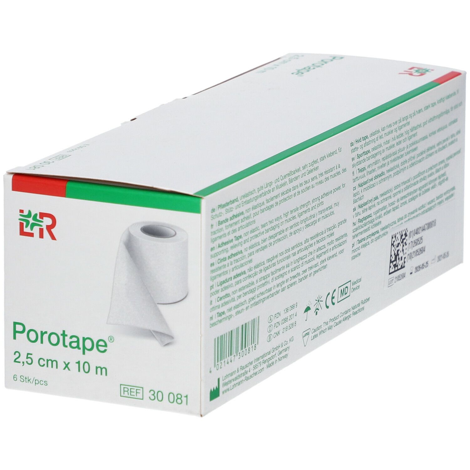 Emballage de ruban adhésif Porotape®. 2,5 cm x 10 m. Rouleau de ruban adhésif blanc. 6 pièces. Avec accent vert.