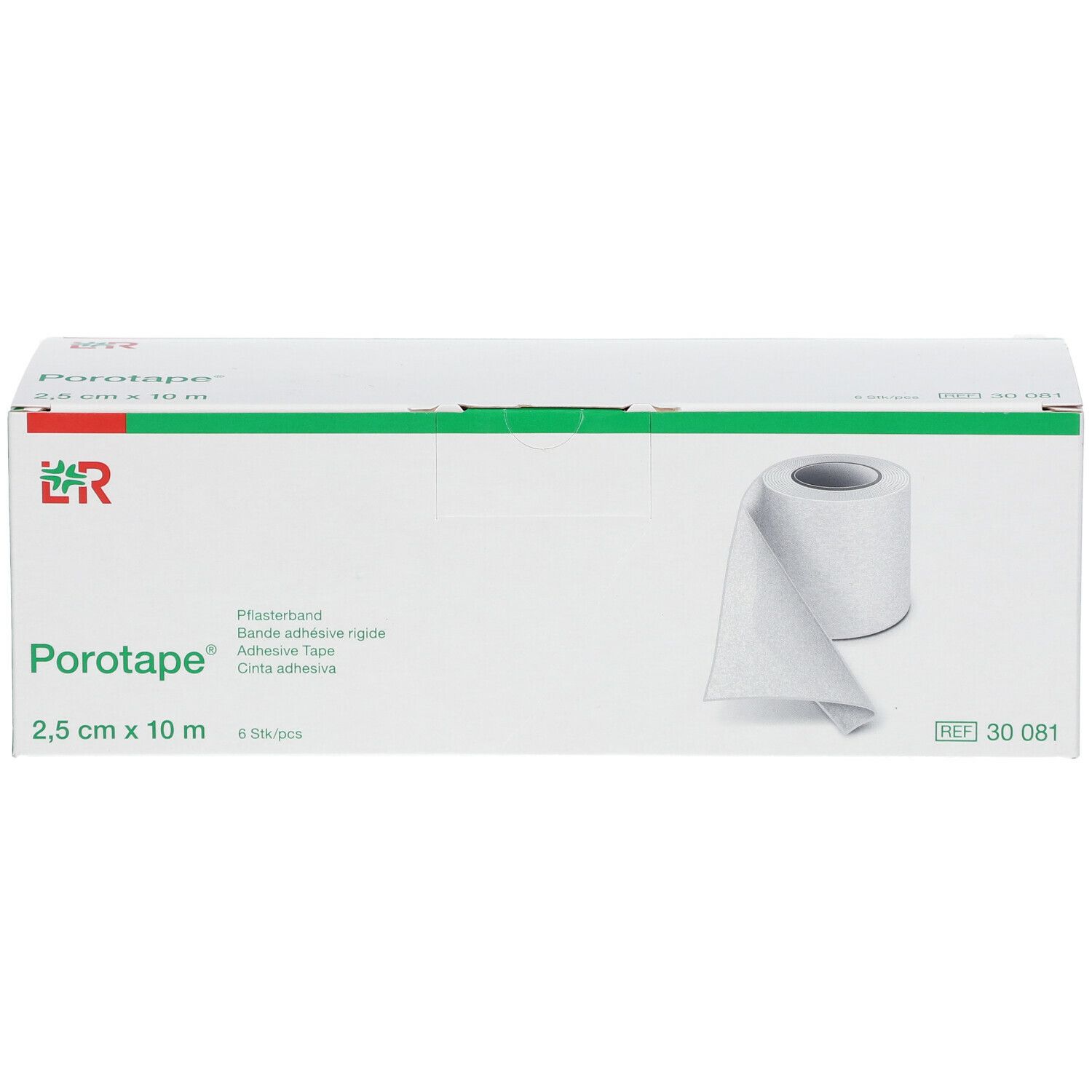 Emballage de ruban adhésif Porotape®. 2,5 cm x 10 m. Rouleau de ruban adhésif blanc. 6 pièces. Avec accent vert.