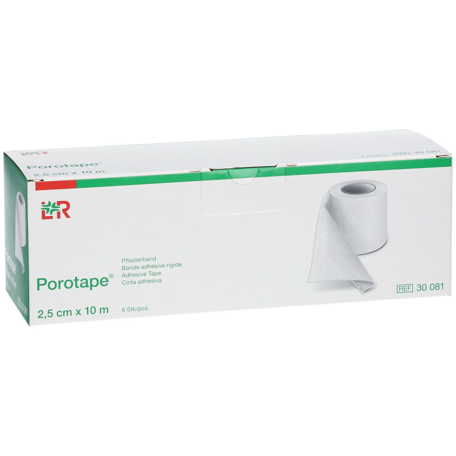 Emballage de ruban adhésif Porotape®. 2,5 cm x 10 m. Rouleau de ruban adhésif blanc. 6 pièces. Avec accent vert.