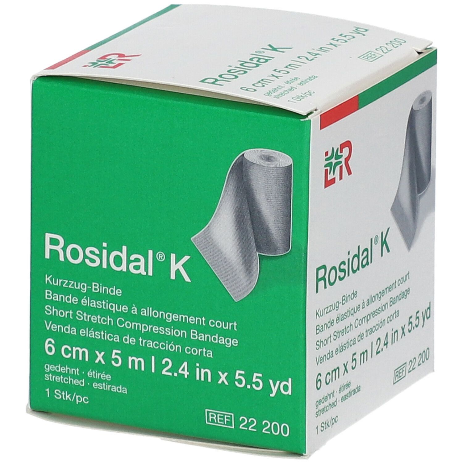 Bande de compression Rosidal K, 6 cm x 5 m. Boîte avec image du produit et logo.