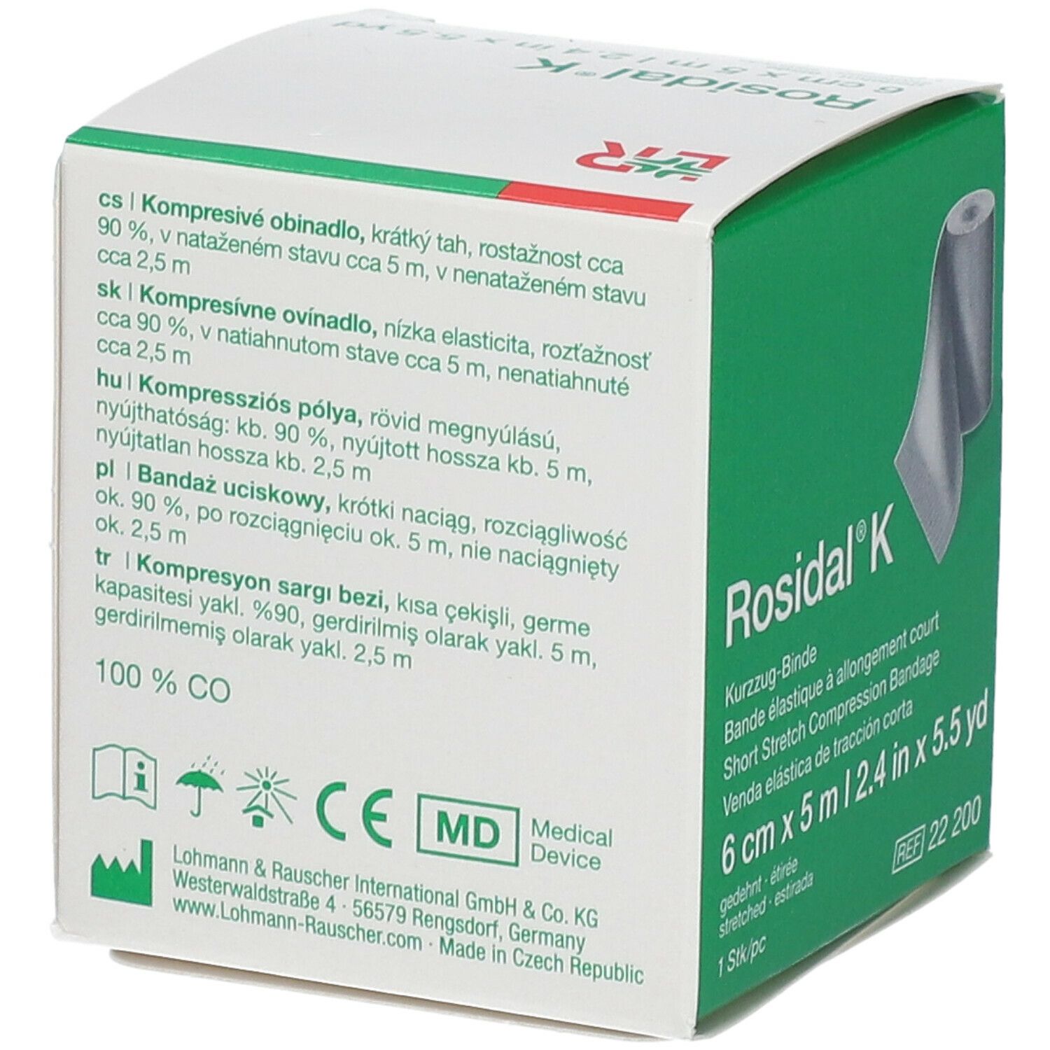 Emballage de bande de compression Rosidal K. Informations multilingues, marquage CE et coordonnées du fabricant.