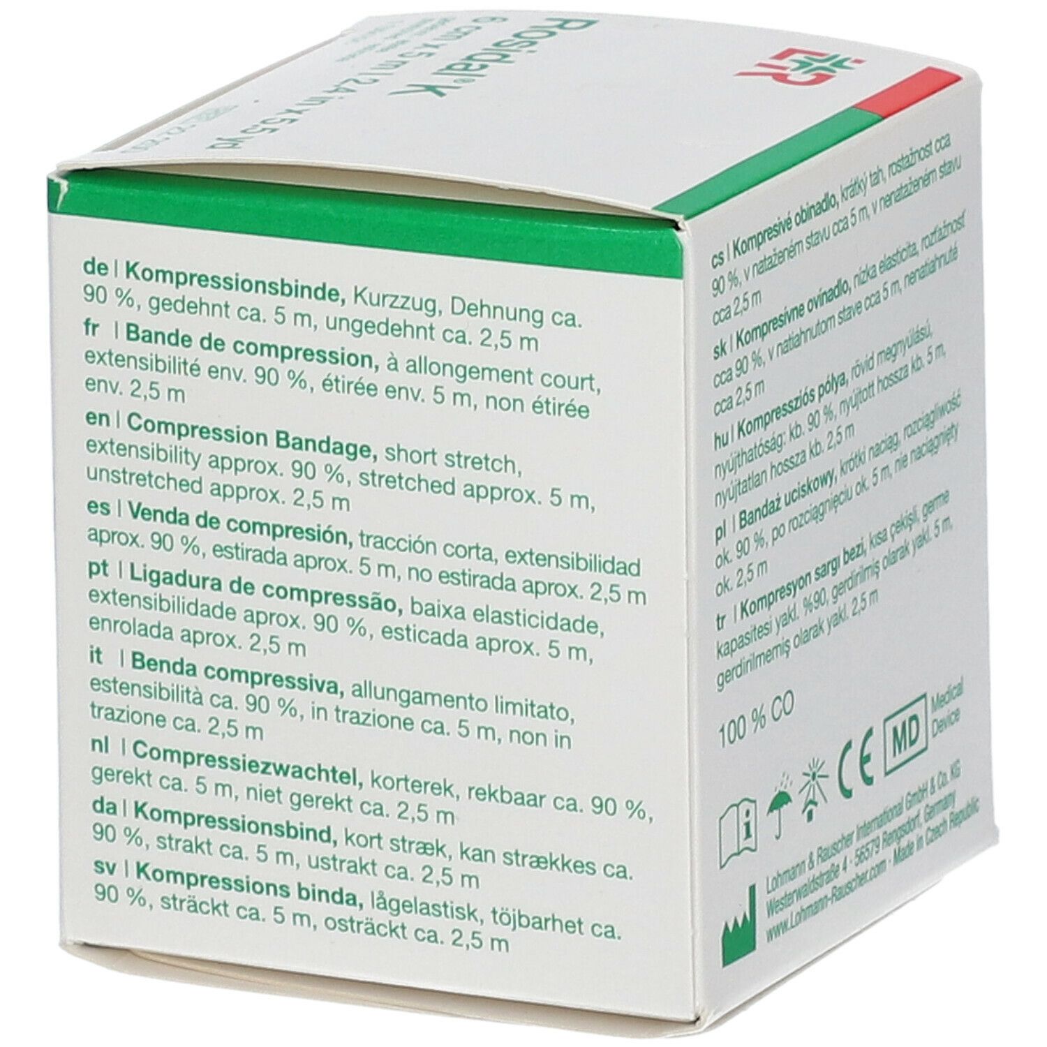 Emballage de bande de compression Rosidal K. Informations multilingues et coordonnées du fabricant.