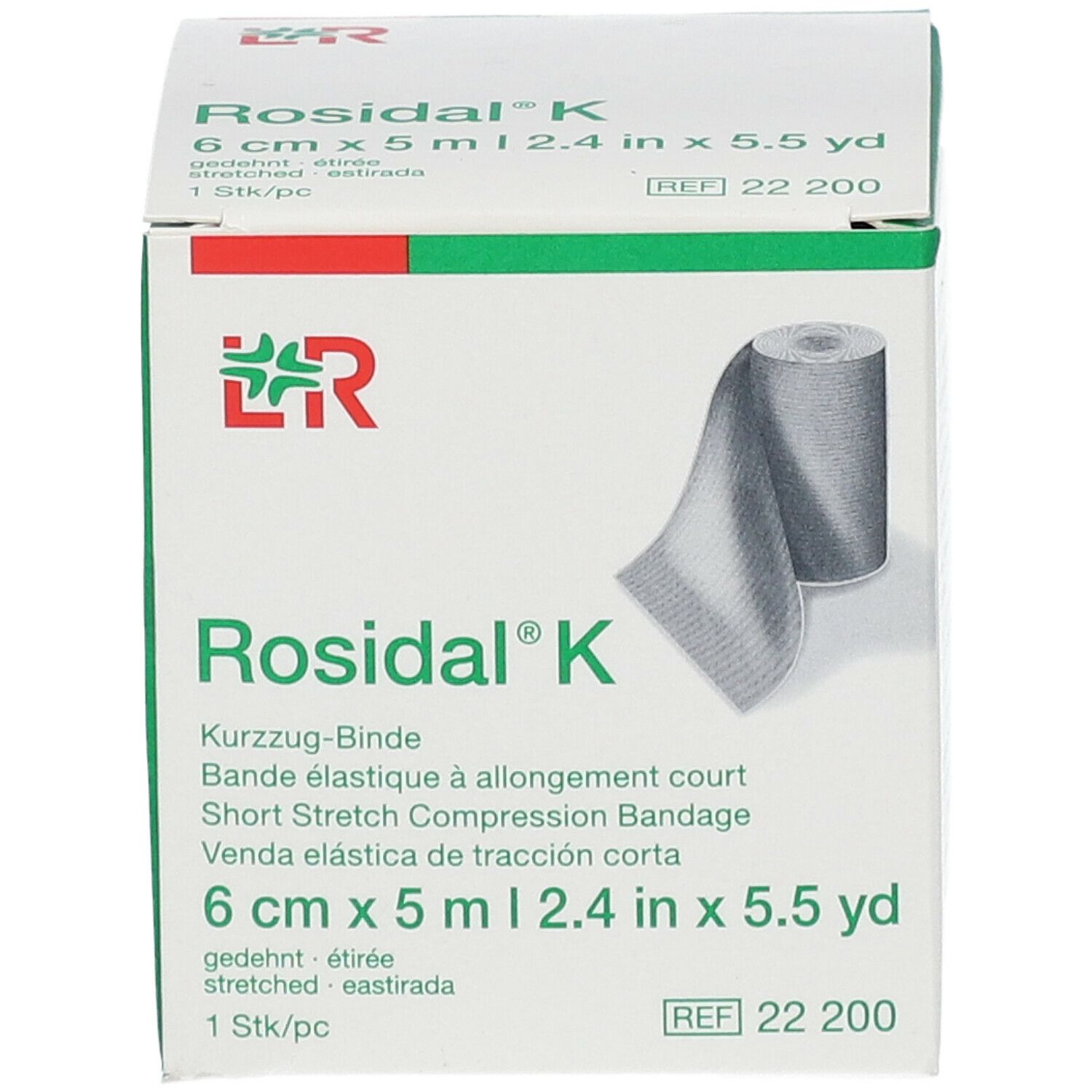 Bande de compression Rosidal K, 6 cm x 5 m. Boîte avec image du produit et logo du fabricant.