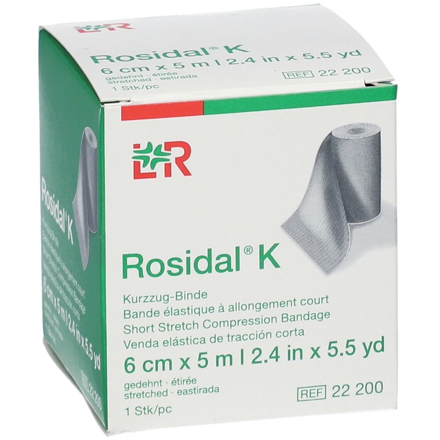 Bande de compression Rosidal K, 6 cm x 5 m. Boîte avec image du produit et logo du fabricant.