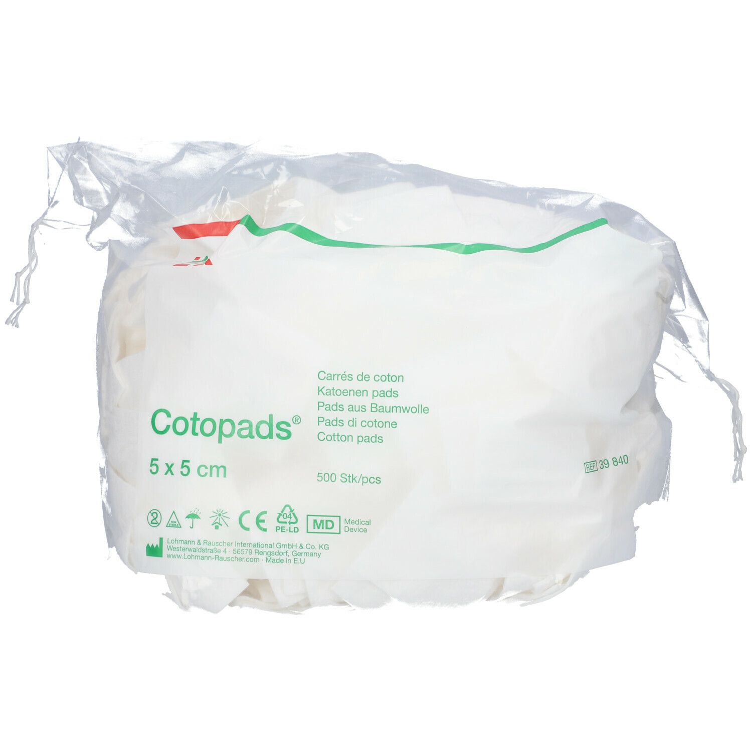Verpakking Cotopads 5 x 5 cm. Katoenen pads in transparante verpakking. Naam en afmetingen duidelijk zichtbaar.