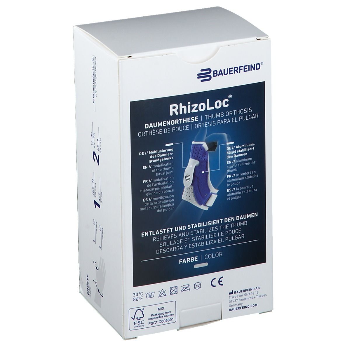 Emballage de l'orthèse de pouce RhizoLoc Bauerfeind. Caractéristiques du produit en allemand, français et anglais. Marquage CE.