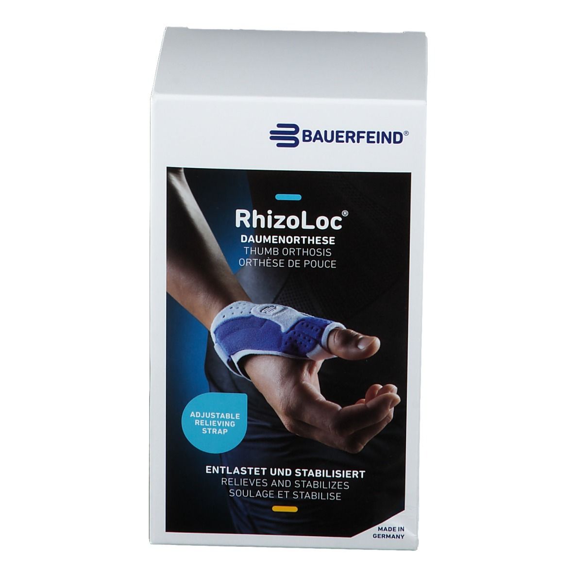 Orthèse de pouce RhizoLoc Bauerfeind dans son emballage. Orthèse bleue et blanche sur modèle de main. Sangle réglable. Fabriqué en Allemagne.