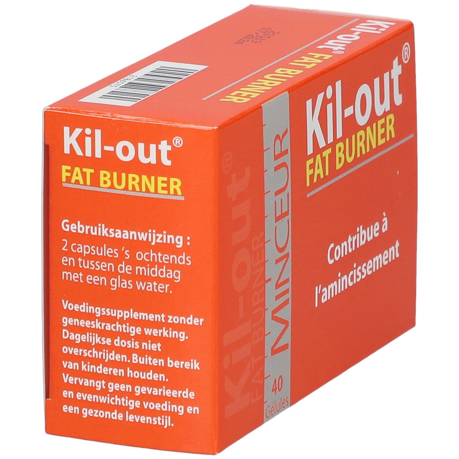 Orangefarbene Schachtel mit "Kil-out FAT BURNER"-Logo. Enthält 40 Kapseln. Text: "Gebruiksaanwijzing".