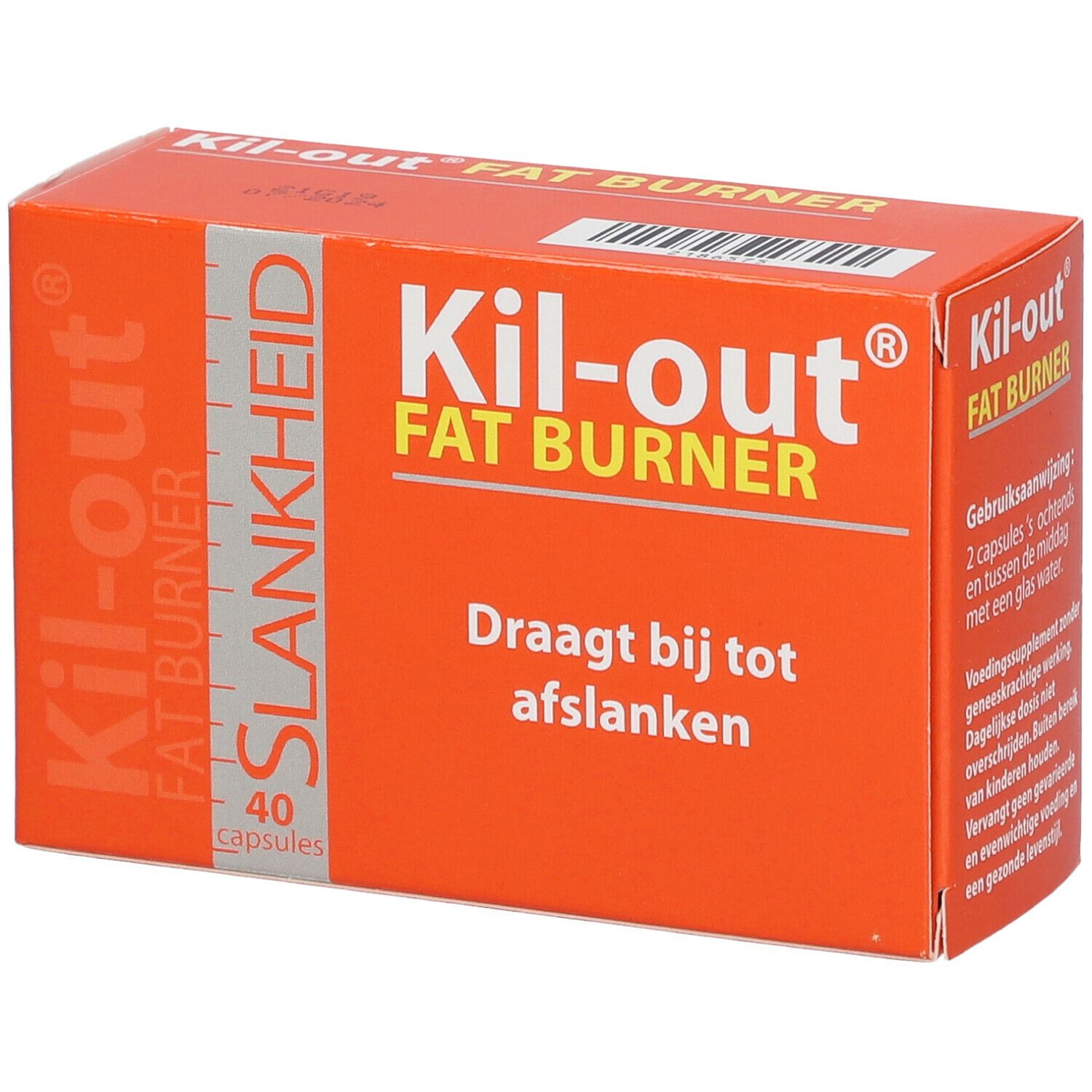 Orangefarbene Schachtel mit "Kil-out FAT BURNER"-Logo. Enthält 40 Kapseln. Text: "Draagt bij tot afslanken".