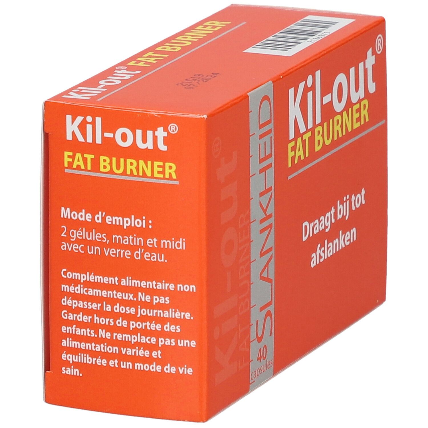 Orangefarbene Schachtel mit "Kil-out FAT BURNER"-Logo. Enthält 40 Kapseln. Text: "Draagt bij tot afslanken".