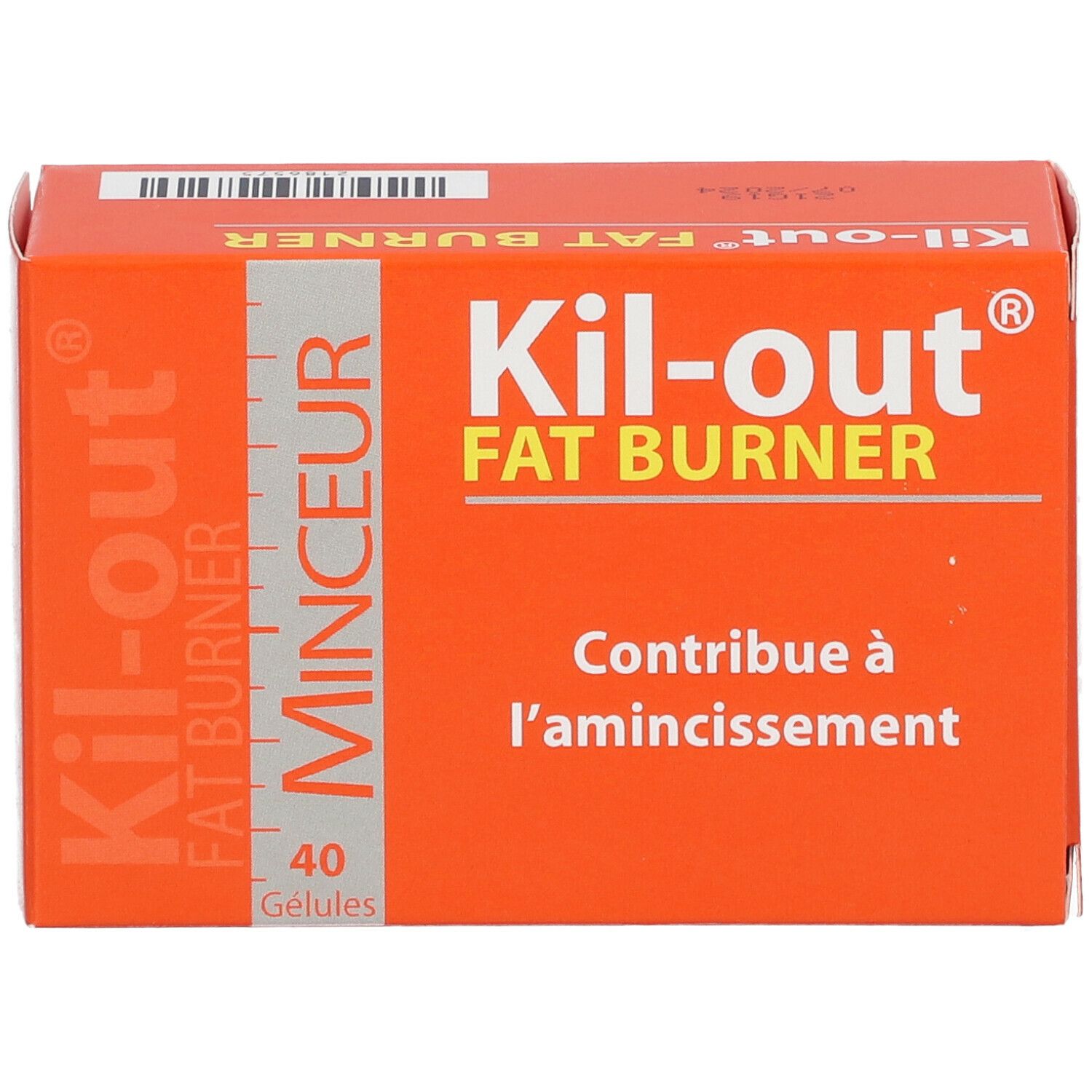 Orangefarbene Schachtel mit "Kil-out FAT BURNER"-Logo. Enthält 40 Gelules. Text: "Contribue à l'amincissement".