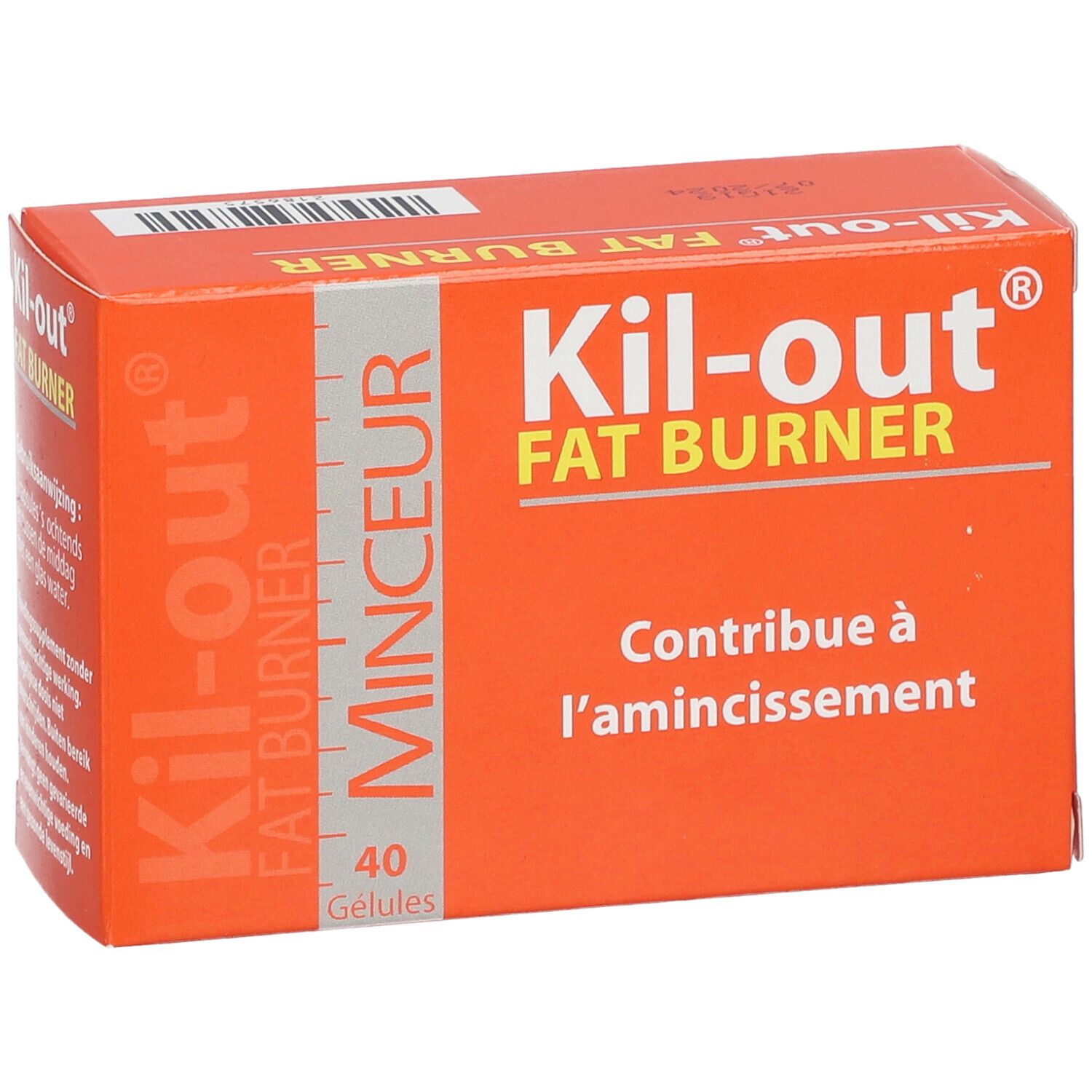 Orangefarbene Schachtel mit "Kil-out FAT BURNER"-Logo. Enthält 40 Gelules. Text: "Contribue à l'amincissement".