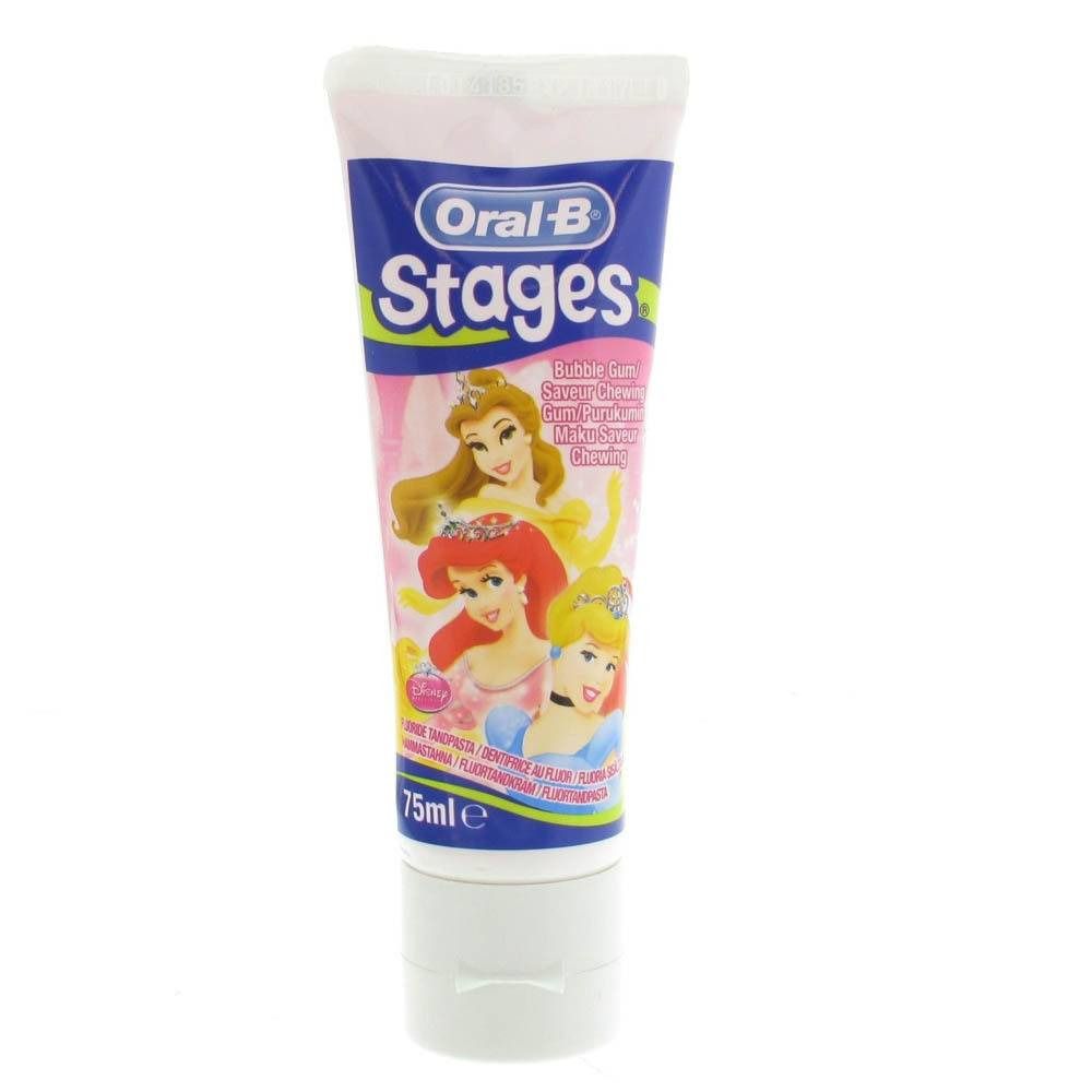Tandpastatube met prinsessen. Opschrift: Oral-B Stages. Smaak: Bubble Gum. Inhoud: 75ml.