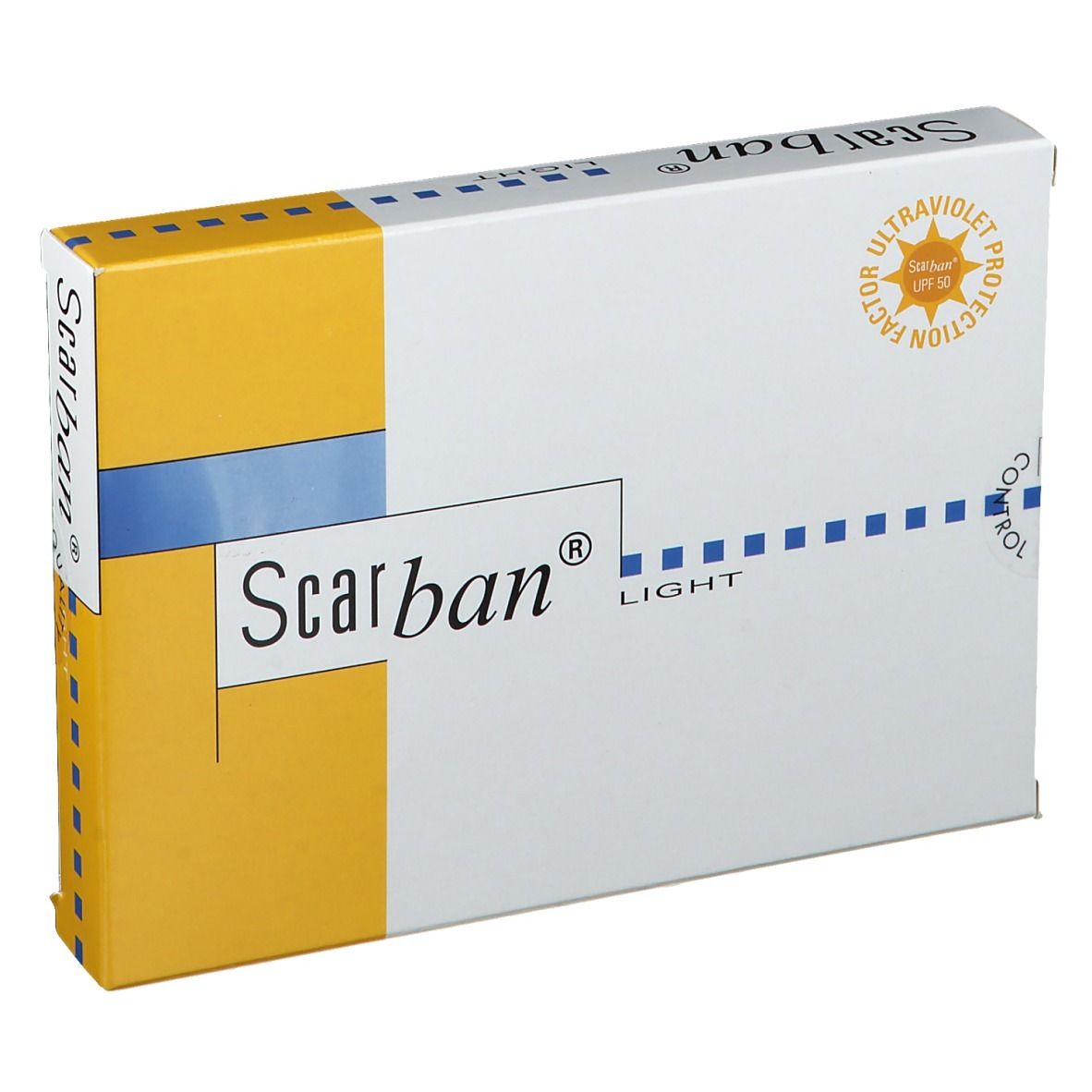 Boîte de Scarban® Light Silikonverband. Blanc et jaune. Logo de protection UV.