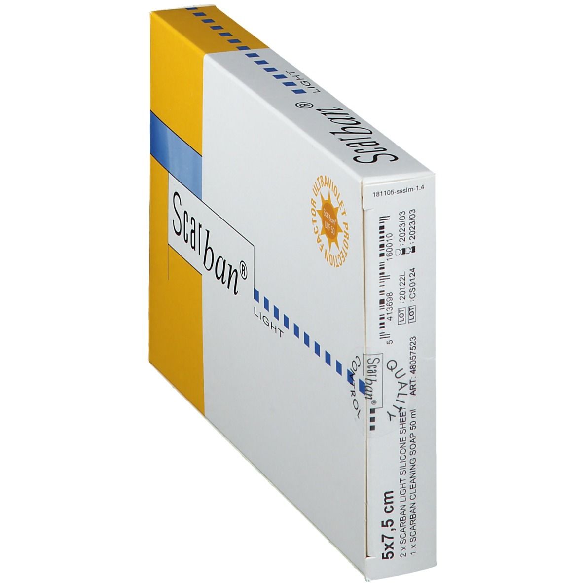 Boîte de Scarban® Light Silikonverband. 5x7,5 cm. Jaune et blanc. Protection UV.