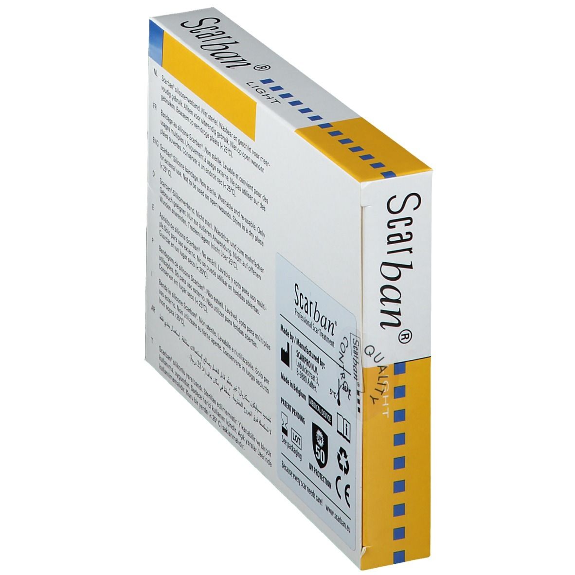 Boîte Scarban® Light. Jaune et blanc. Texte multilingue. Marque de qualité.