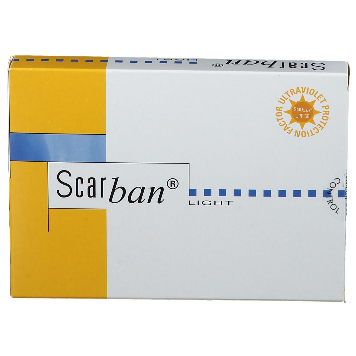 Boîte Scarban® Light. Blanc et jaune. Logo protection UV. Nom du produit.