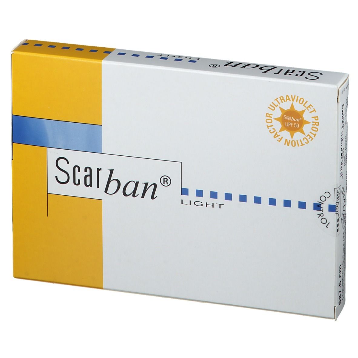 Boîte Scarban® Light. Blanc et jaune. Logo protection UV. Nom du produit.