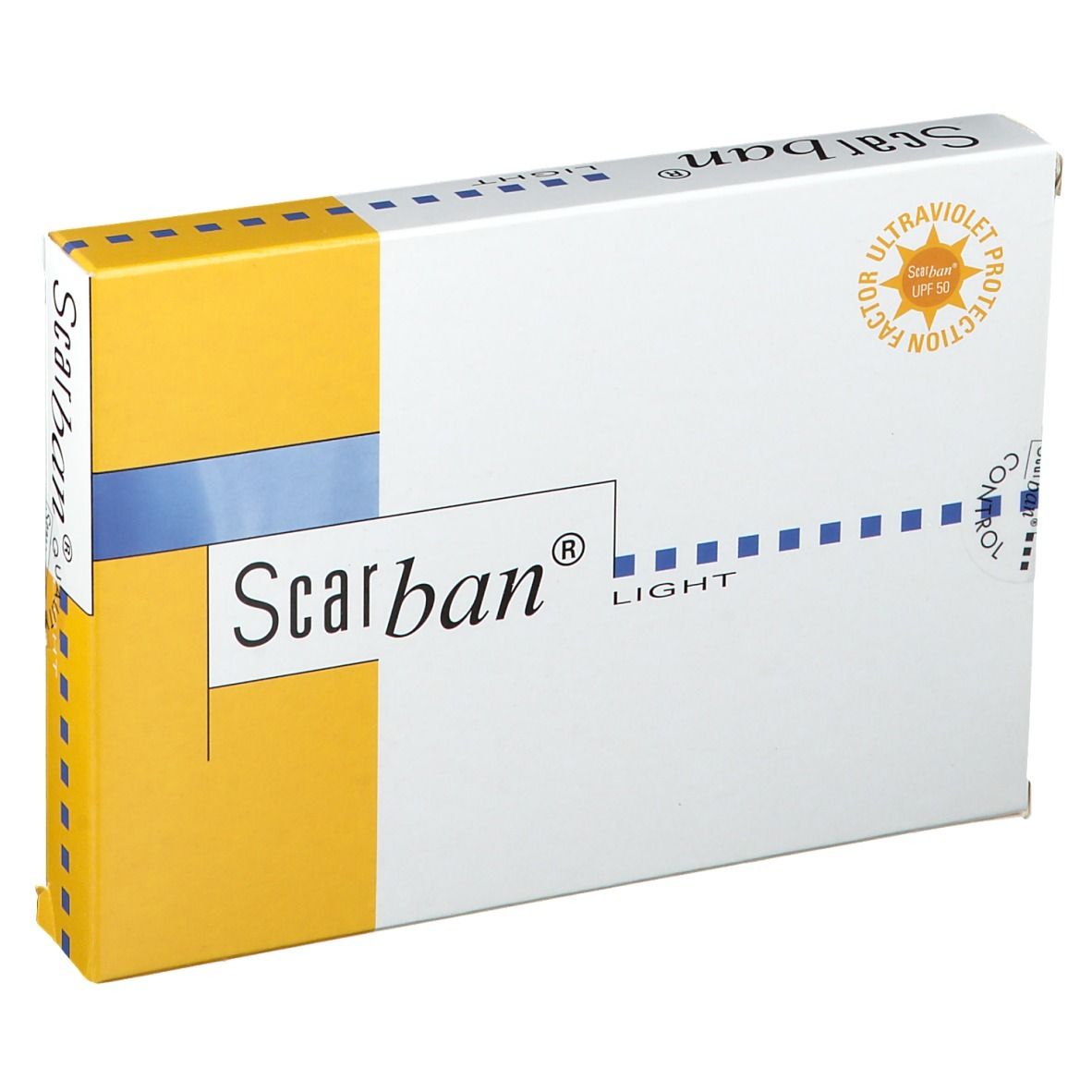 Verpakking van Scarban® Light. Wit met gele accenten. UV-beschermingslogo. Productnaam en merk duidelijk zichtbaar.