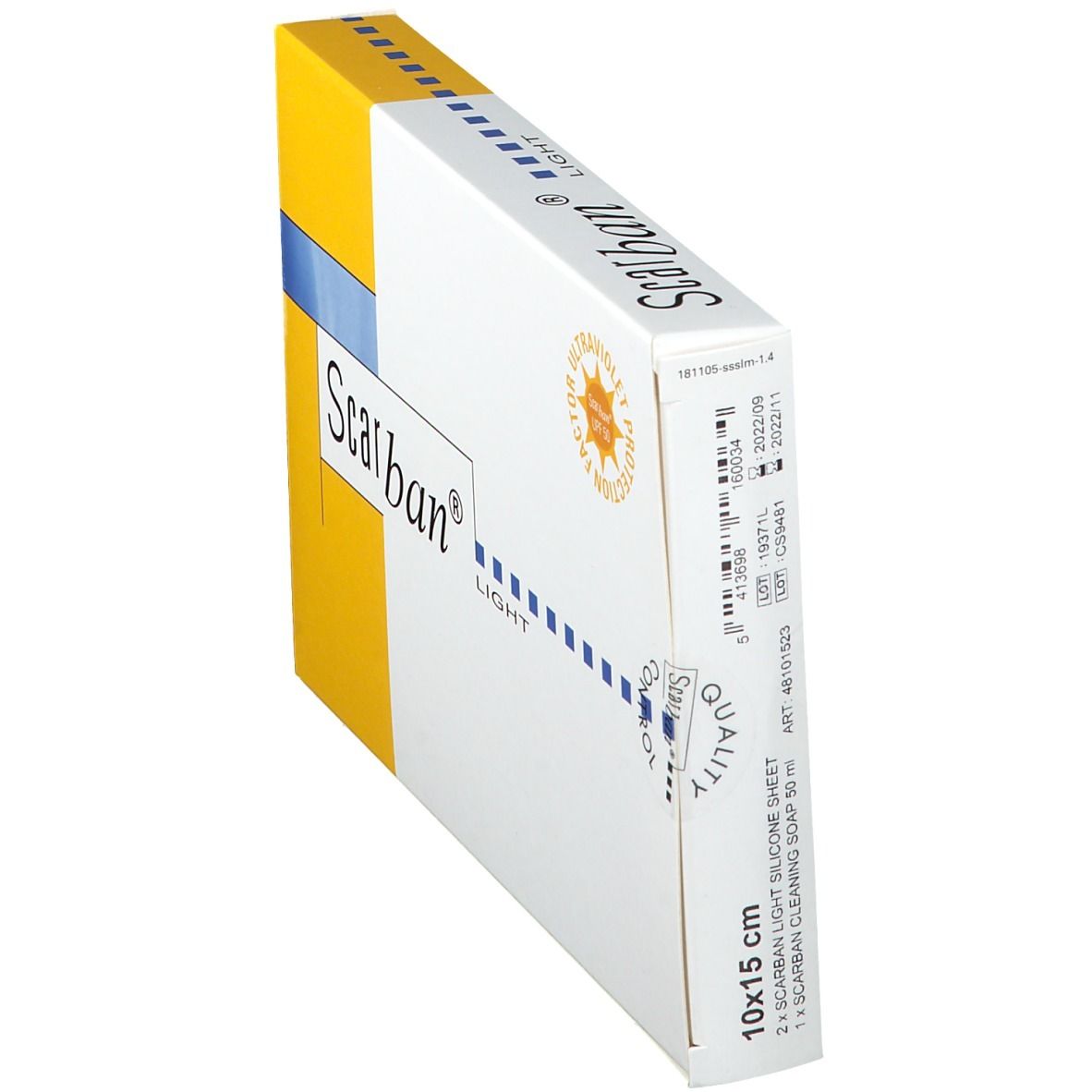 Verpakking Scarban® Light, 10x15 cm. Wit en geel. UV-beschermingslogo. Productnaam en afmetingen zichtbaar.
