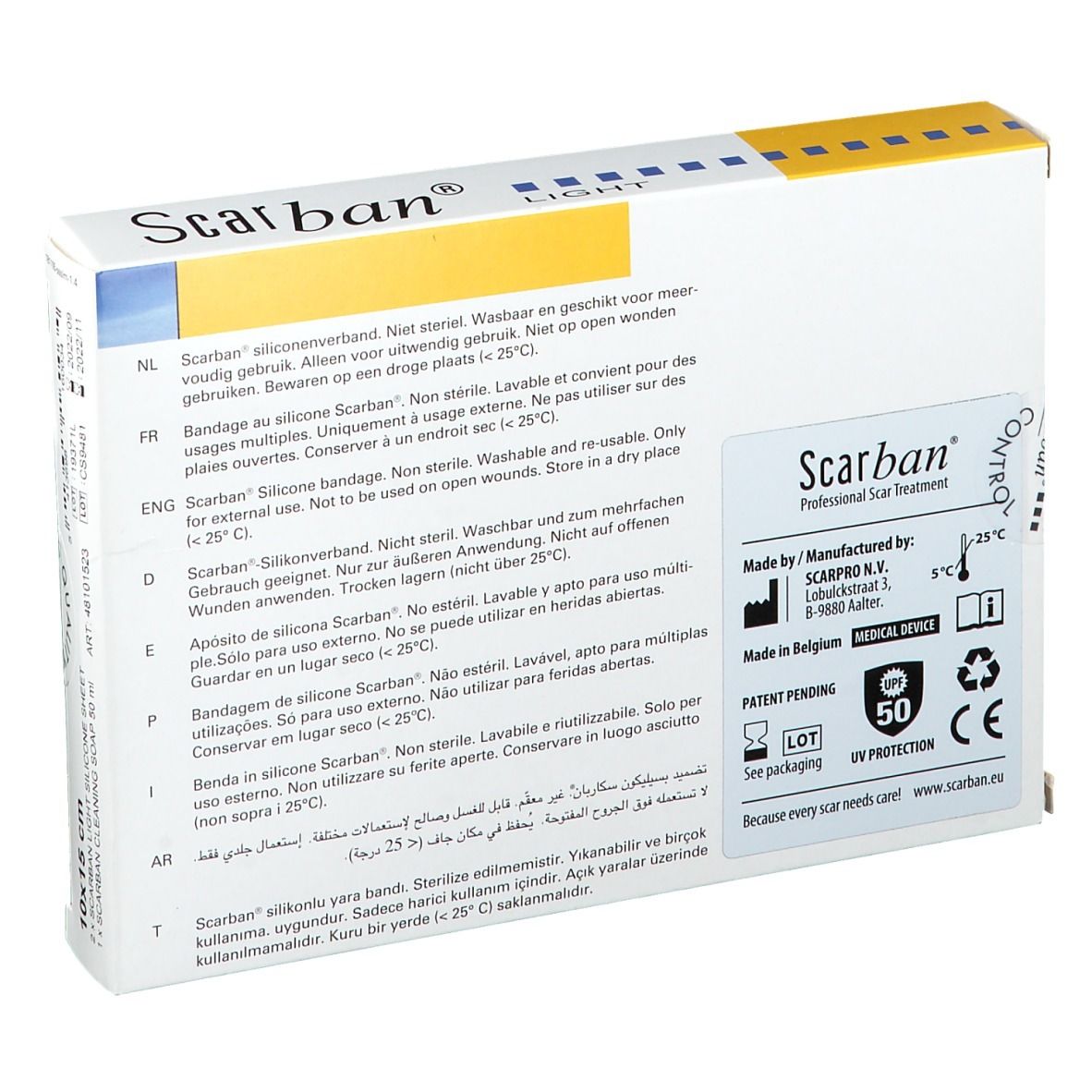 Achterkant van de Scarban® Light verpakking. Tekst in meerdere talen. Logo en productie-informatie.