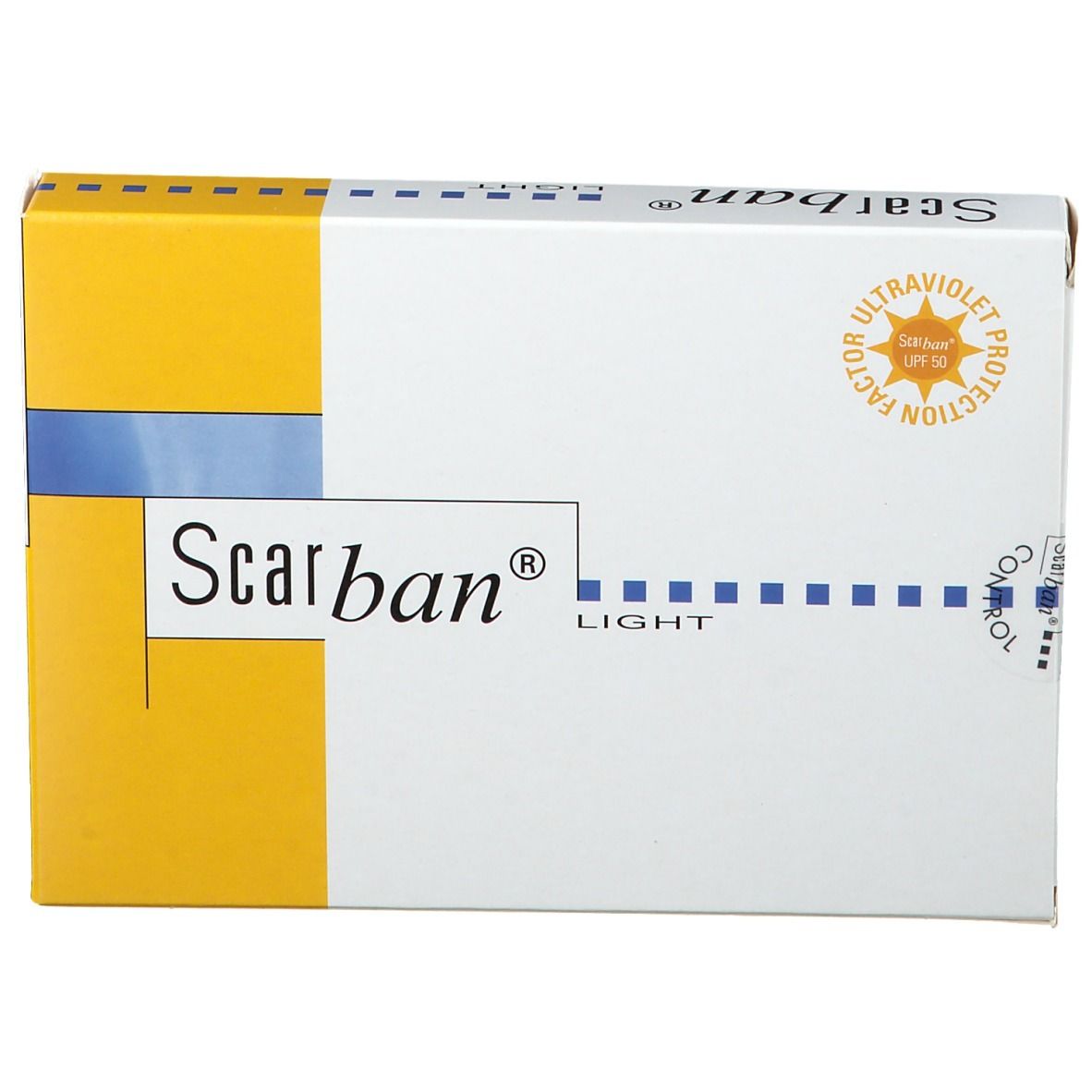 Scarban® Light verpakking. Wit en geel. UV-beschermingslogo. Productnaam en merk duidelijk zichtbaar.