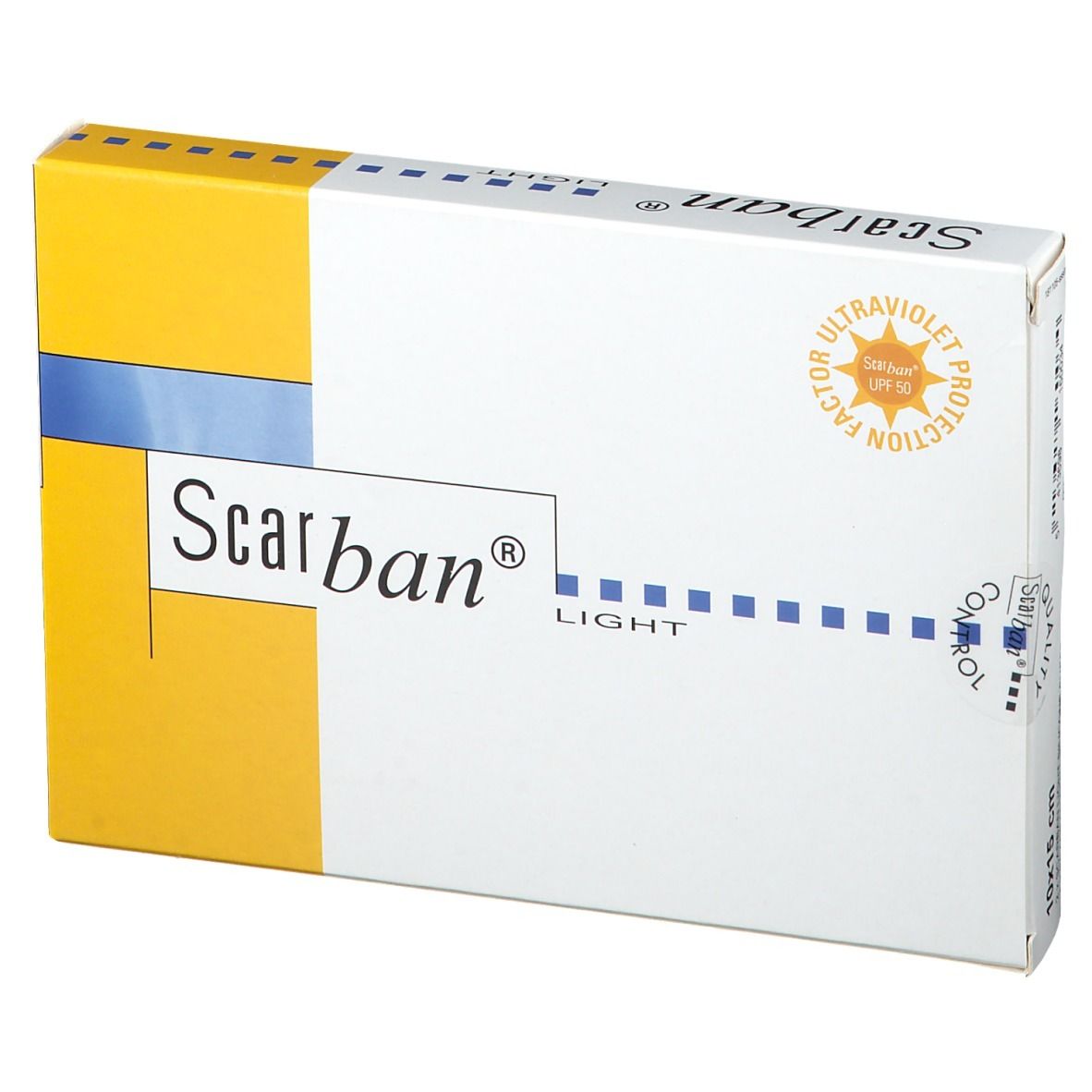 Scarban® Light verpakking. Wit en geel. UV-beschermingslogo. Productnaam en merk duidelijk zichtbaar.