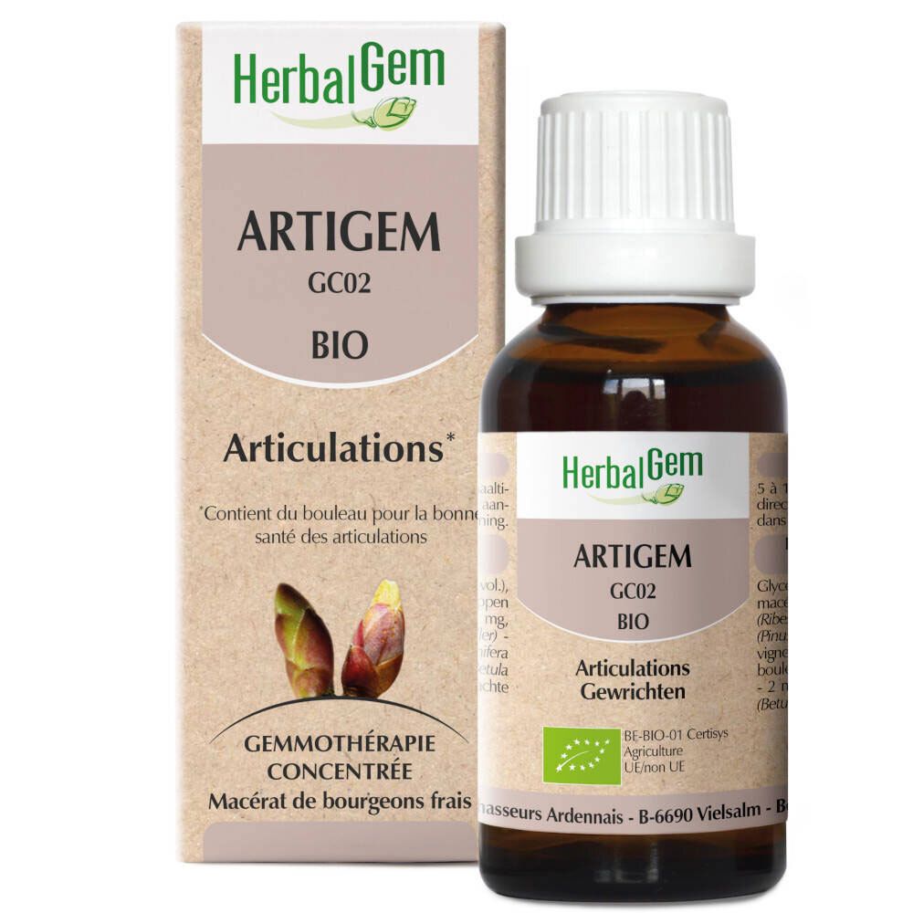 Bruine glazen fles met witte dop en doos. Opschrift: Artigem GC02 BIO, Articulations. Met bio-label.