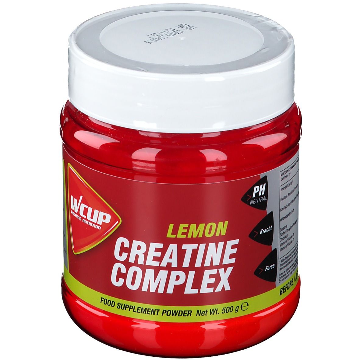 Pot rouge avec couvercle blanc. Inscription: Lemon Creatine Complex. Contient 500g de poudre. Marque: WCUP.