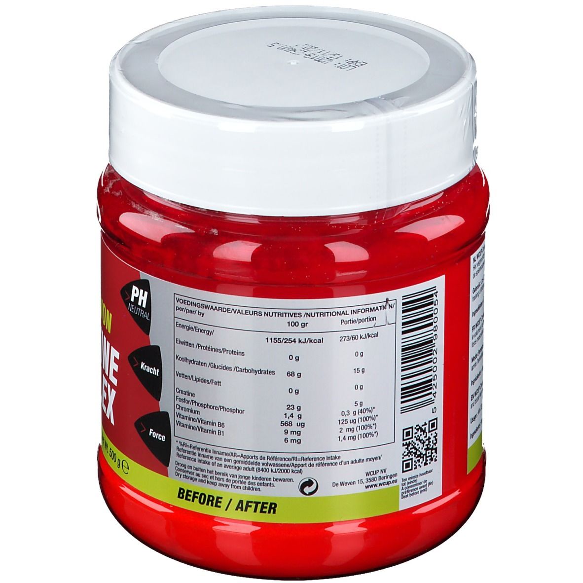 Pot rouge avec couvercle blanc. Dos avec informations nutritionnelles. Marque: WCUP. Contient Creatine Complex.
