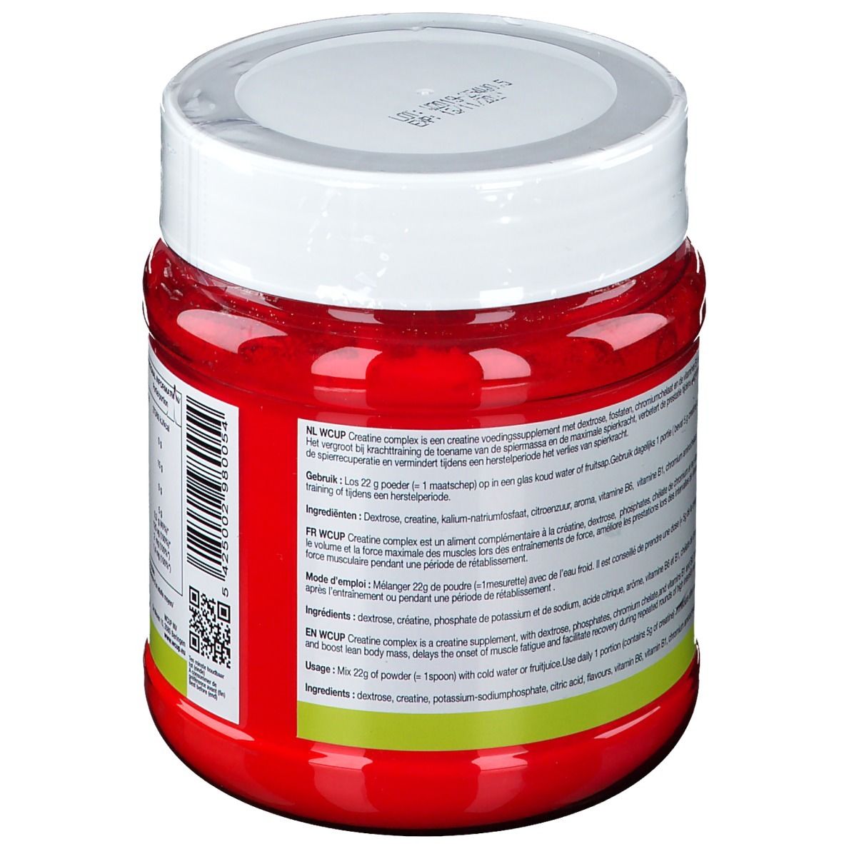 Pot rouge avec couvercle blanc. Texte en néerlandais et français. Marque: WCUP. Contient Creatine Complex.