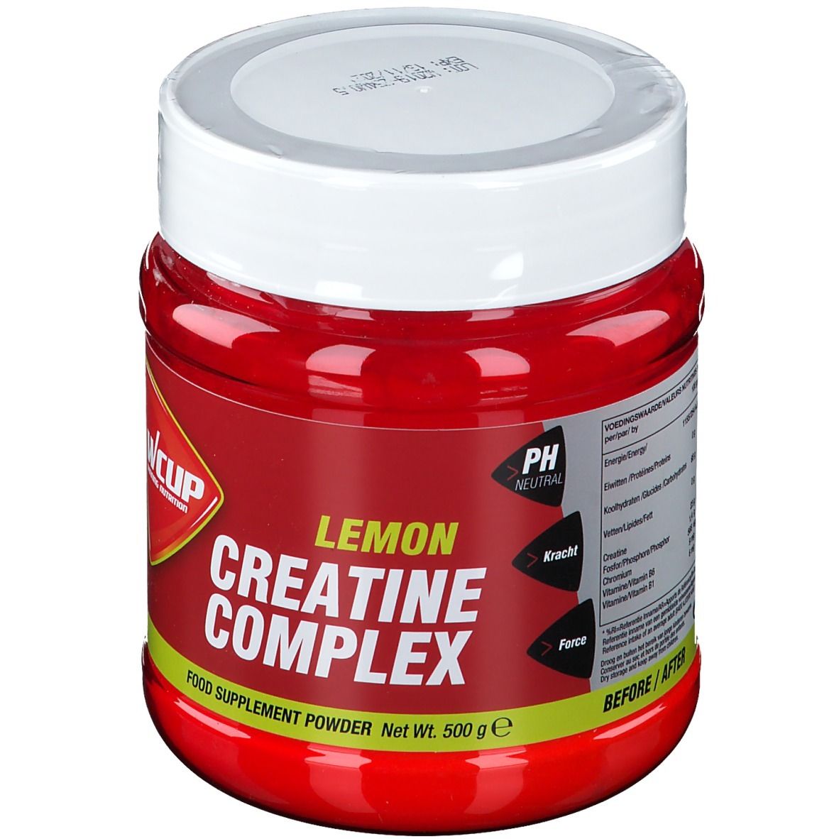 Pot rouge avec couvercle blanc. Inscription: Lemon Creatine Complex. Marque: WCUP. Contient 500g de poudre.