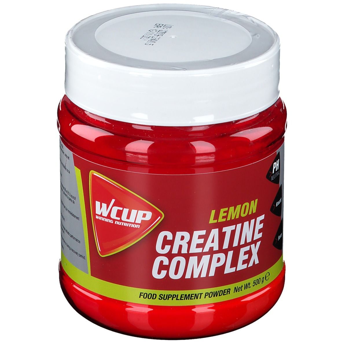 Pot rouge avec couvercle blanc. Inscription: Lemon Creatine Complex. Marque: WCUP. Contient 500g de poudre.