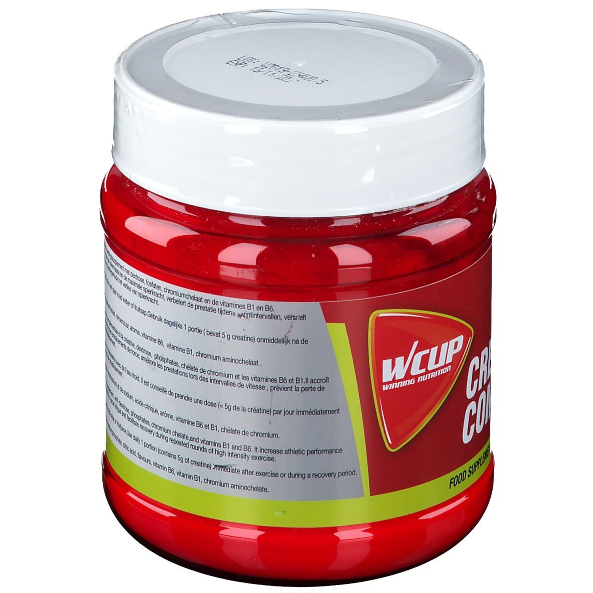 Pot rouge avec couvercle blanc. Dos avec texte. Marque: WCUP. Contient Creatine Complex.
