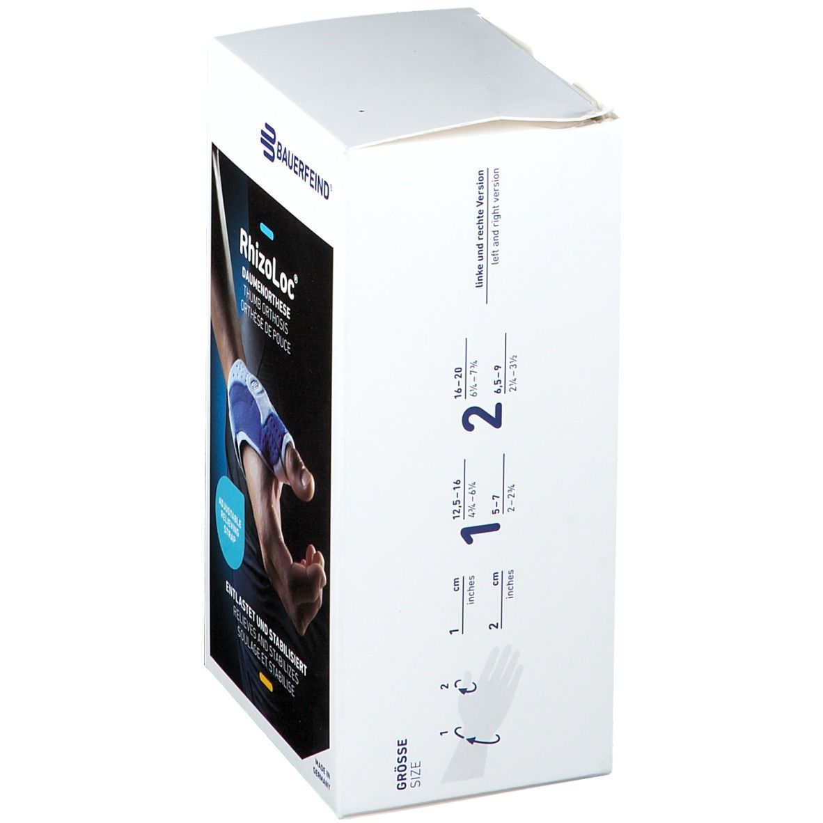 Verpackung der Bauerfeind RhizoLoc Daumenorthese. Größenangaben in cm und Zoll. Größen 1 und 2. Text: Grösse, links und rechts.