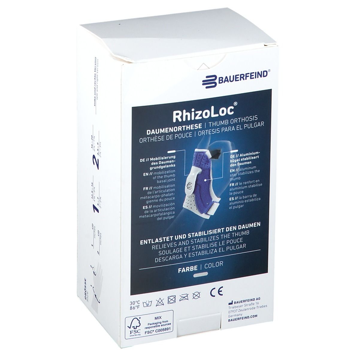 Verpackung der Bauerfeind RhizoLoc Daumenorthese. Produktabbildung mit Details der Orthese. Text: Aluminium-Schiene stabilisiert den Daumen.