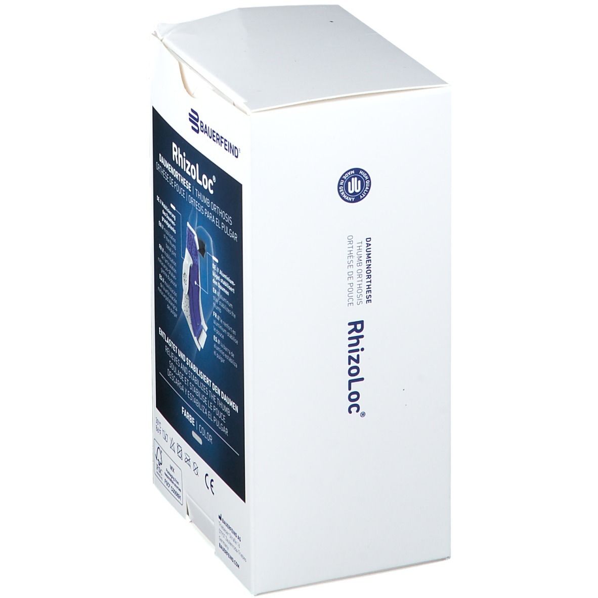 Verpackung der Bauerfeind RhizoLoc Daumenorthese. Produktabbildung der Orthese. Text: Entlastet und stabilisiert den Daumen.