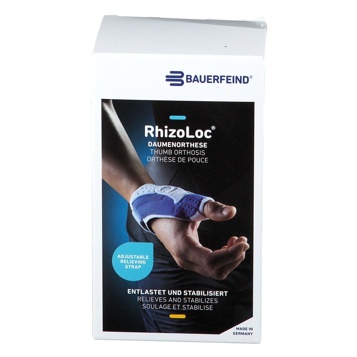 Bauerfeind RhizoLoc Daumenorthese in Verpackung. Produktabbildung zeigt Hand mit Daumenorthese. Text: Adjustable Relieving Strap.