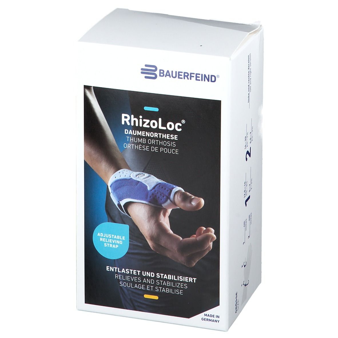 Bauerfeind RhizoLoc Daumenorthese in Verpackung. Produktabbildung zeigt Hand mit Daumenorthese. Text: Adjustable Relieving Strap.