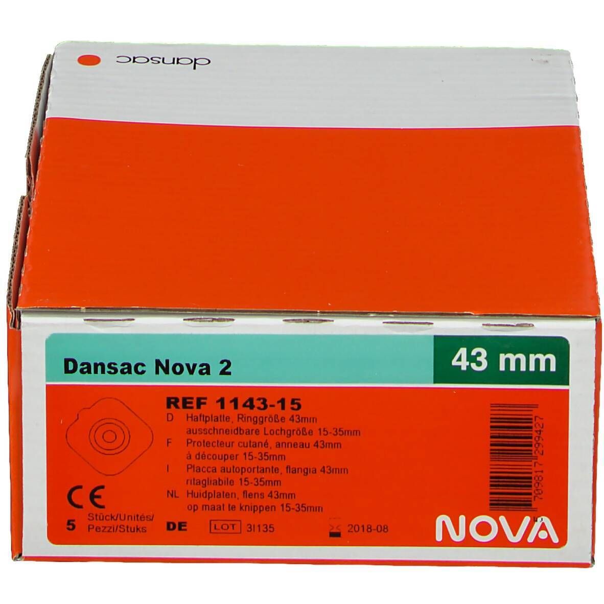 Boîte de plaques de base Dansac Nova 2, 43 mm. Contient 5 pièces. Marquage CE.