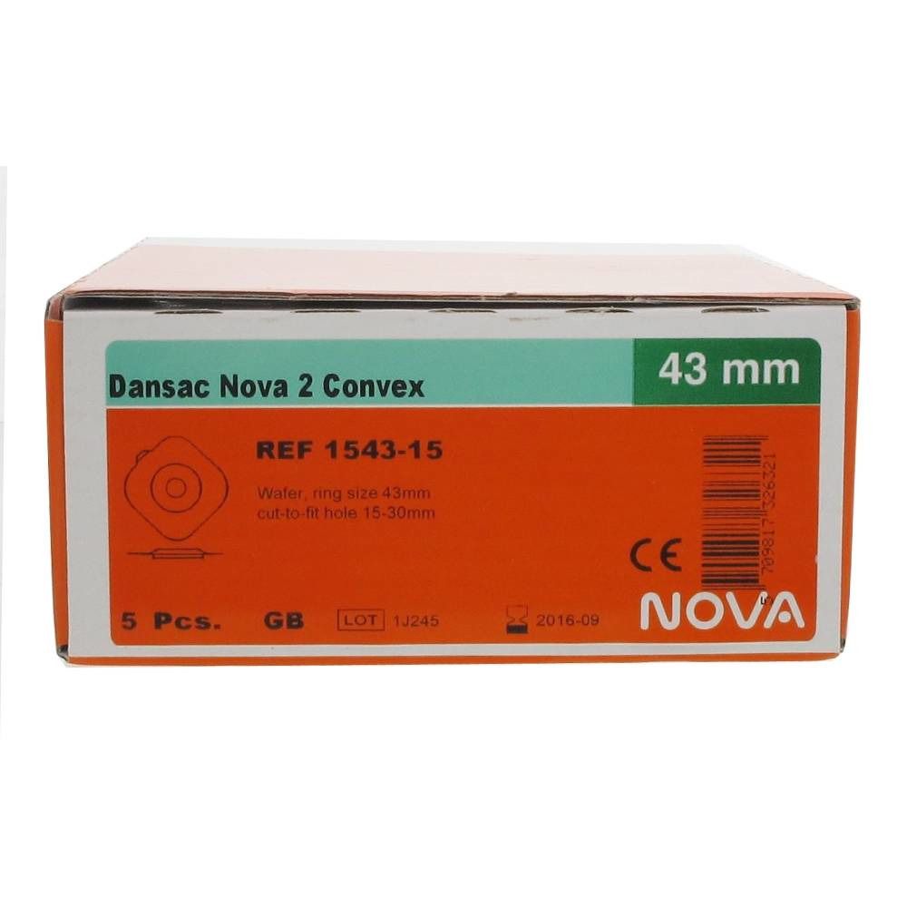 Verpakking Dansac Nova 2 Convex, 5 stuks. CE-markering. Maat 43 mm. Referentie 1543-15. Houdbaar tot 2016-09.