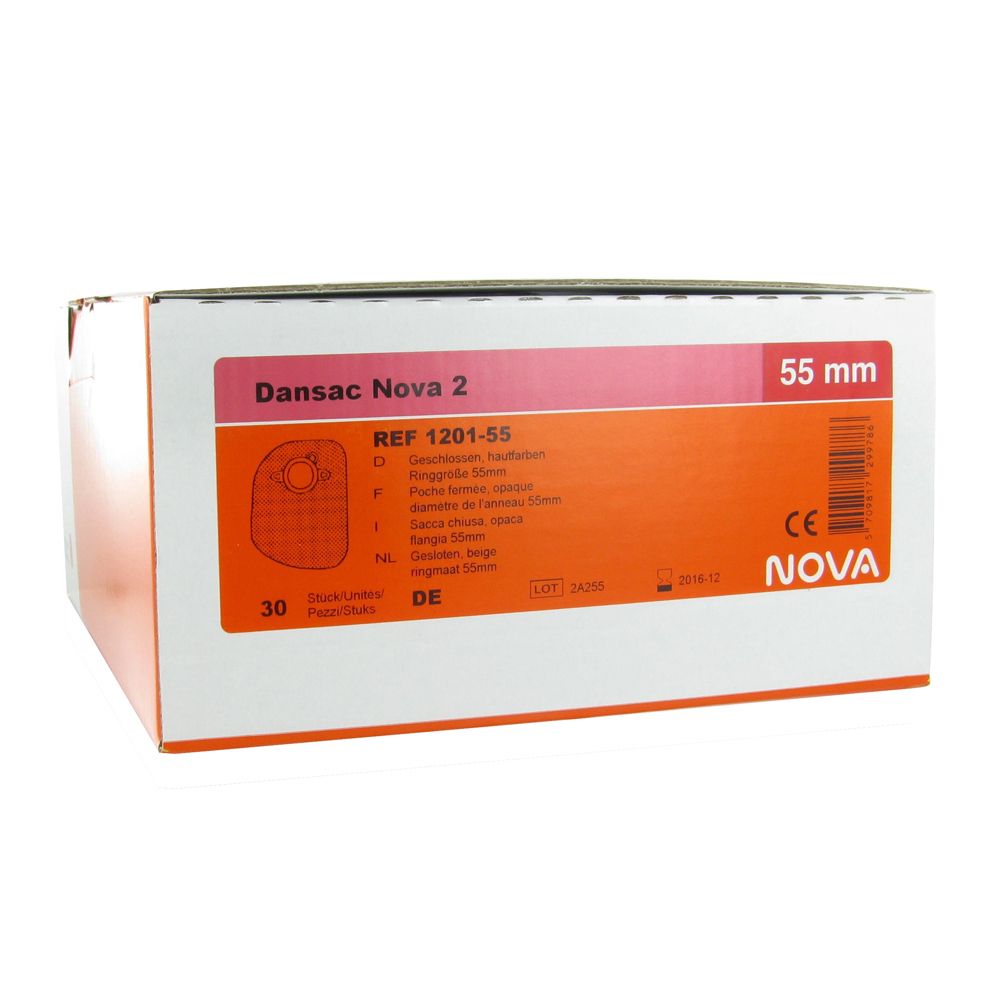 Produktverpackung mit Produktinformationen. Aufschrift: Dansac Nova 2, 55 mm. Enthält 30 Stück. CE-Kennzeichnung.