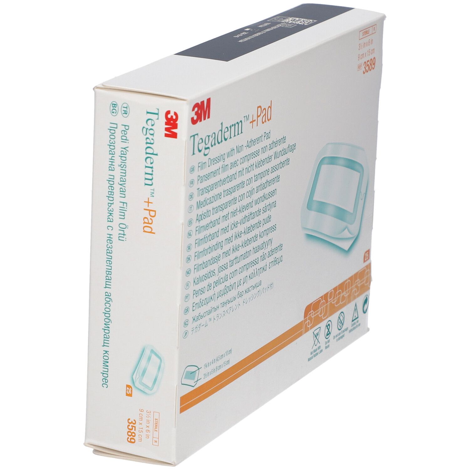 Emballage 3M Tegaderm +Pad. Pansement film avec compresse non adhérente. Vue latérale.