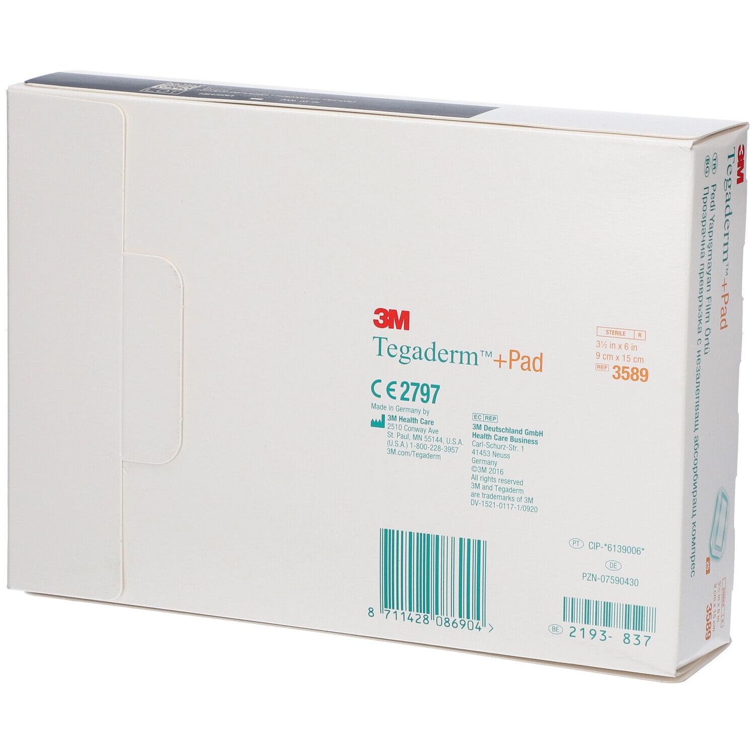 Dos de l'emballage 3M Tegaderm +Pad. Informations, code-barres, marquage CE.