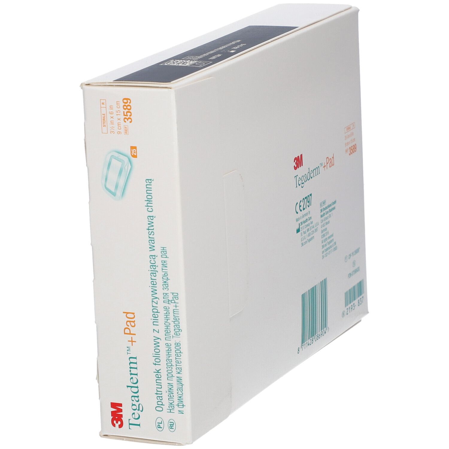 Emballage 3M Tegaderm +Pad. Vue latérale. Informations, marquage CE.
