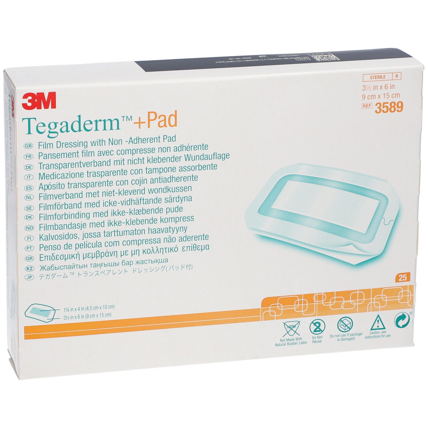 Emballage 3M Tegaderm +Pad. Pansement film avec compresse non adhérente. 9 cm x 15 cm. 25 unités.