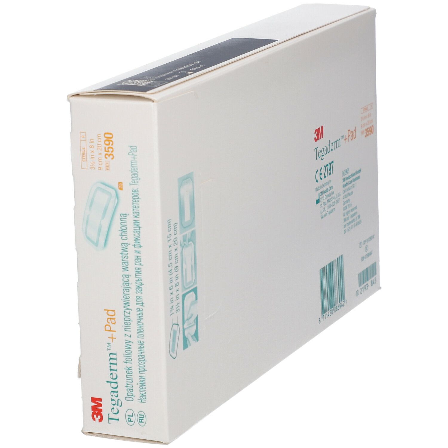 Boîte 3M Tegaderm + Pad en biais. Dos avec informations et code-barres. Marquage CE.