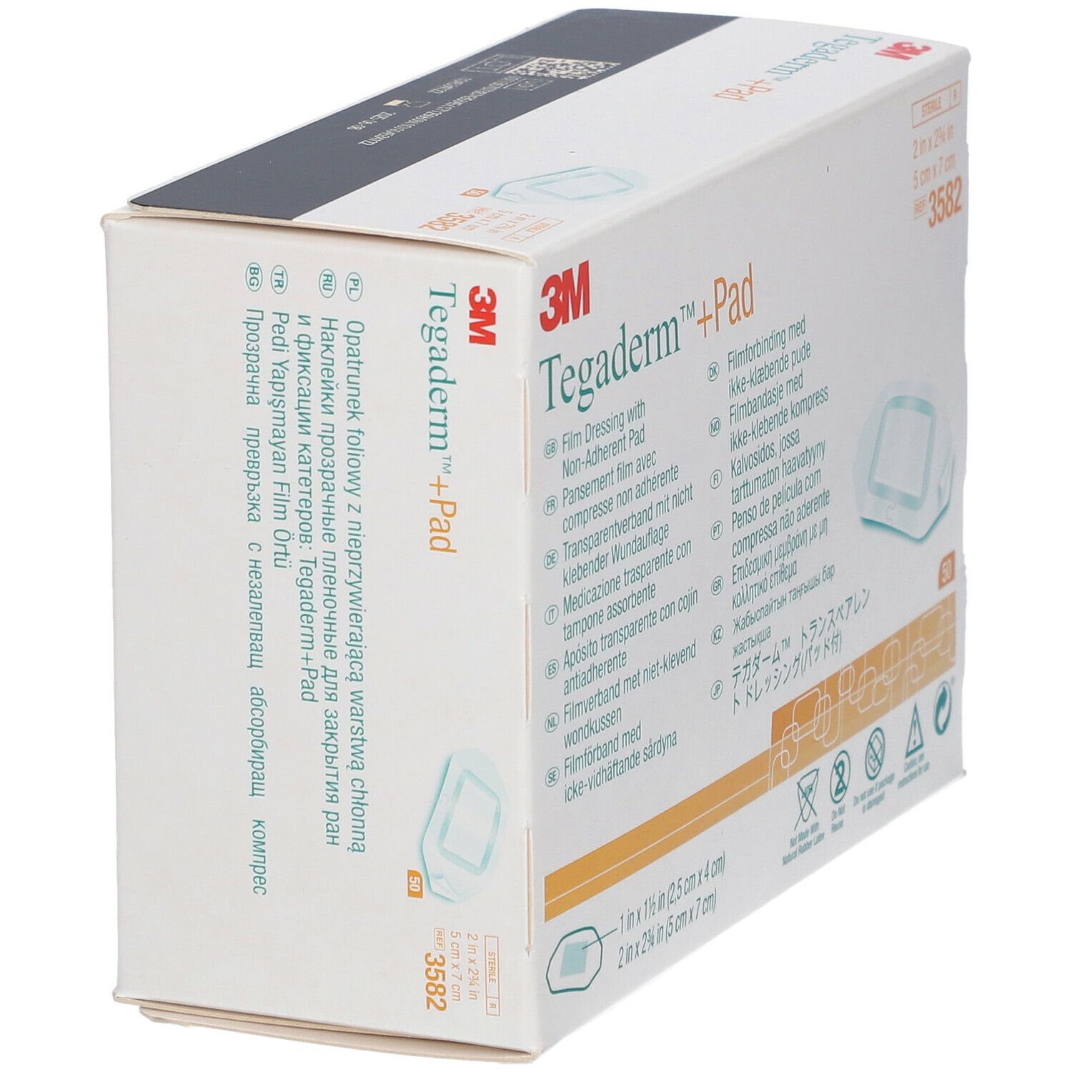 Schrägansicht der Verpackung mit 3M Tegaderm + Pad. Größe 5 x 7 cm. Sterile Wundauflage.